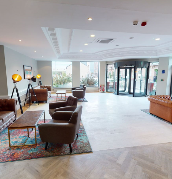 Bright an airy hotel lobby
