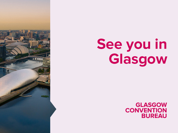 Glasgow City scape with modern buildings of Glasgow Science Centre and the Scottish Event campus. See you in Glasgow slogan and Glasgow Convention Bureau logo.