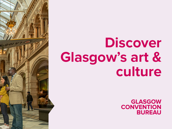 6 people standing under a displayed Spitfire in a museum. Discover Glasgow's Art and Culture slogan and Glasgow Convention Bureau logo.