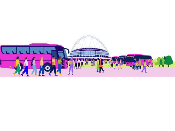 A stadium with people and buses outside. 