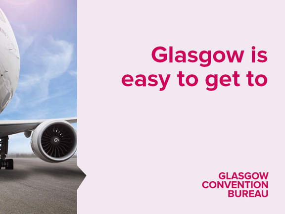 Man wearing kilt and high vis vest directing a plane. Glasgow is easy to get to slogan and Glasgow Convention Bureau logo.
