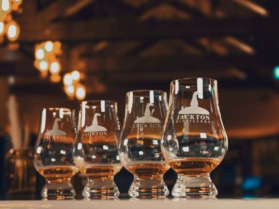 Four whisky tasting glasses are lined up on a bar each with a nip of whisky. 