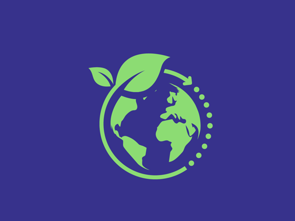 Green COP26 logo on a blue background.