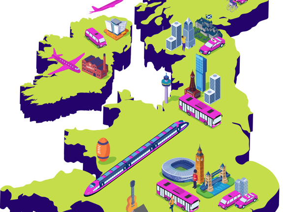 Illustration of a map of The UK and Ireland with various cities, transport and iconic places mapped on it. 