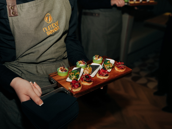Platter of canapes being served at Number 7 restaurant Celtic Park