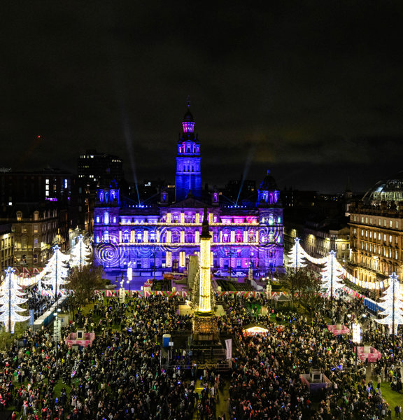 Christmas Lights Display of George Square with public on the square