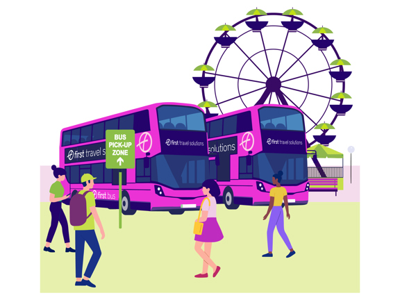 A big wheel at a festival sits behind two First Travel Solutions buses at a bus pick up zone with people. 