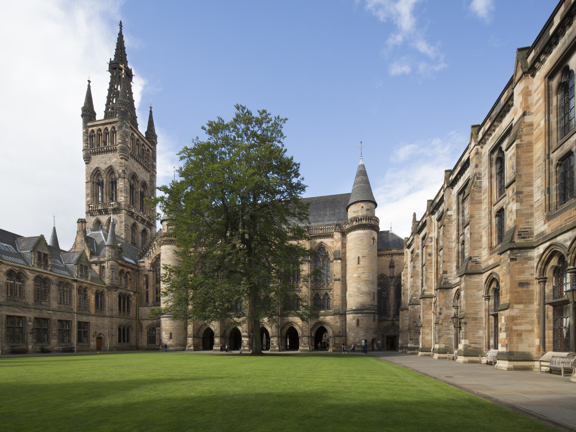 Exterior of main building at University of Glasgow from grassed internal courtyard.