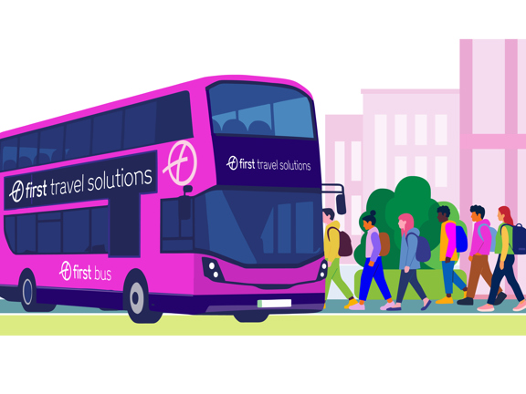 Children getting on a First Travel Solutions bus