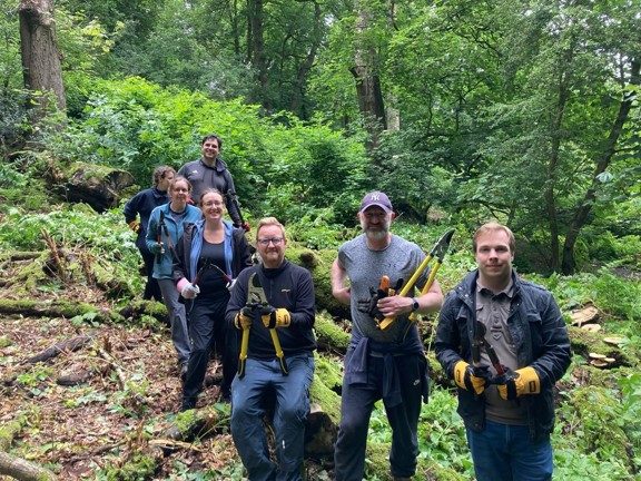 Team away day in the forest with gardening tools