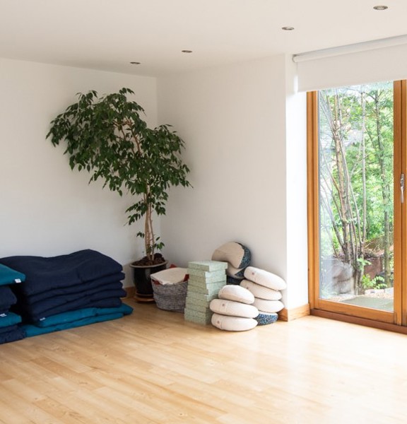 yoga studio with window to garden