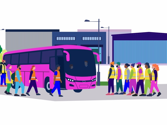 People waiting at a bus stop with a waiting coach. 