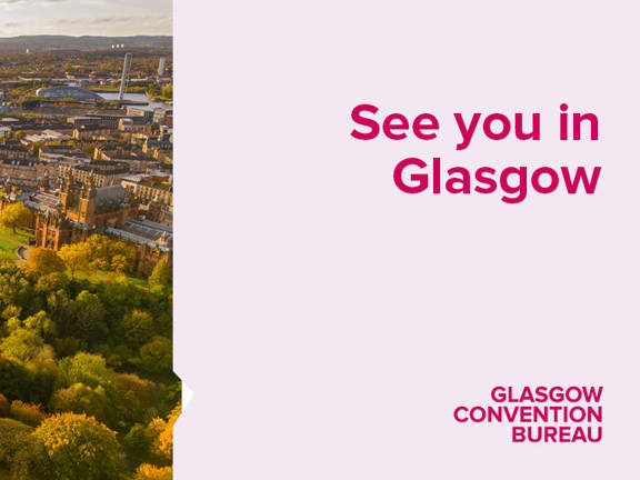 Cityscape of Kelvingrove Art Gallery with the spire of the University of Glasgow in the forefront and with the modern buildings of the Scottish Event Campus and the Glasgow Science Centre in the background. See you in Glasgow slogan and Glasgow Convention Bureau logo.