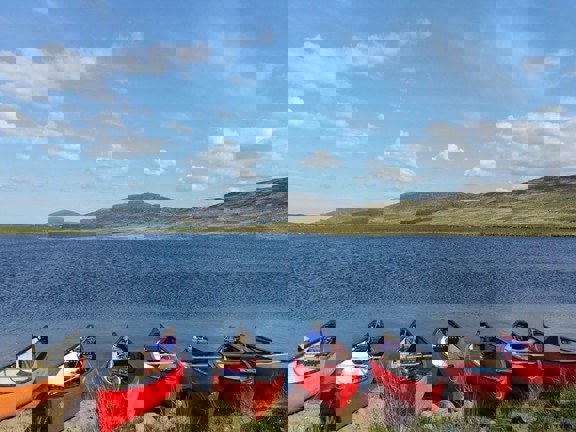 A row of red kayaks lined up along the shore line