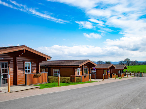 Row of wooden Alpine lodges set in the countryside