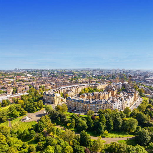 Sunny Park Circus buildings in Kelvingrove Park, Glasgow.