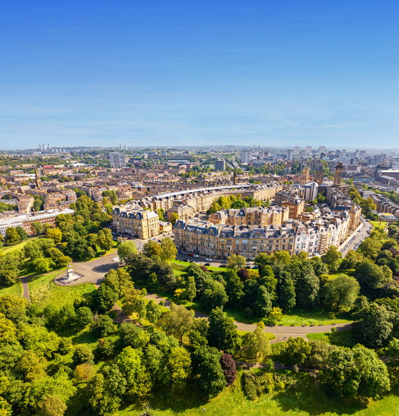 Sunny Park Circus buildings in Kelvingrove Park, Glasgow.
