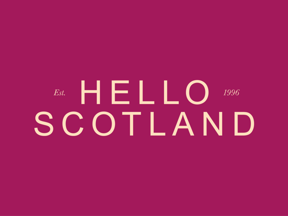 Company logo deep wine background that reads Hello Scotland est. 1996 in cream lettering