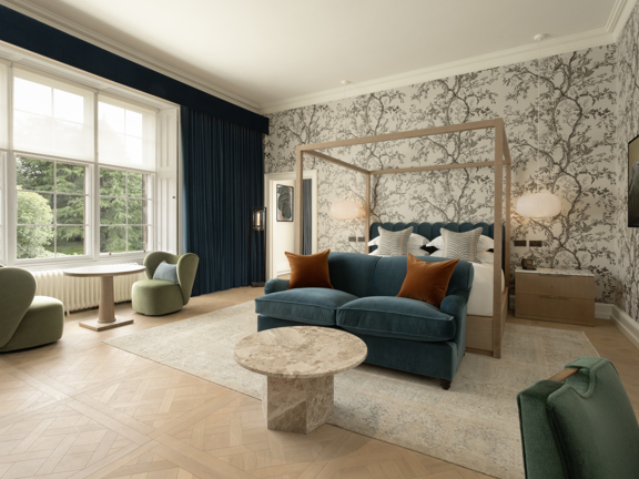 Modern, four poster bed in hotel bedroom - large windows, Parque flooring, marble tables and velvet sofa. 