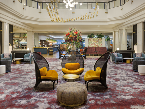 Hotel foyer with table and chairs