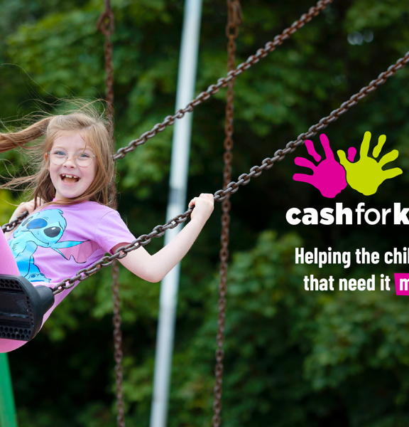 Small girl on swing with Cash for Kids logo and text reading helping the children that need it most. 