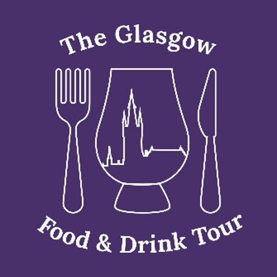 Purple background with a white line drawing of a knife, fork and whisky glass. Lettering reads The Glasgow Food & Drink Tour