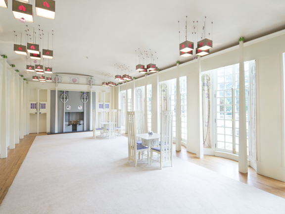 View of the Music Room in the House for an Art Lover, with art-nouveau chairs and chandeliers, with Charles Rennie Mackintosh motifs