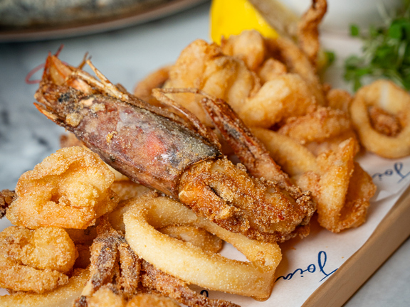 Plate of deep-fried seafood