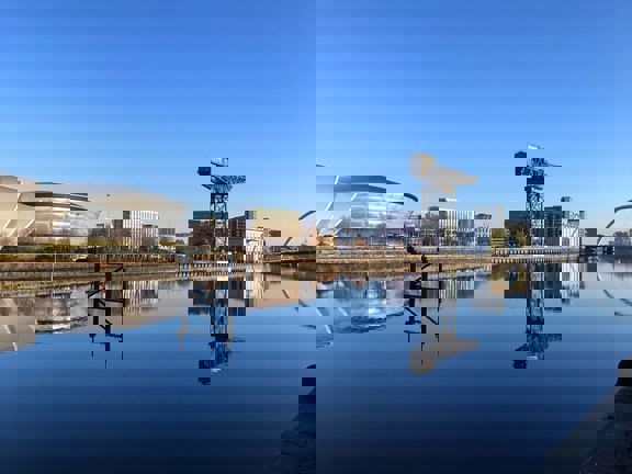 Glasgow skyline looking across the River Clyde to Scottish Event Campus.