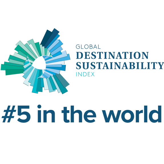 Blue toned logo reading Global Destination Sustainability Index, #5 in the world